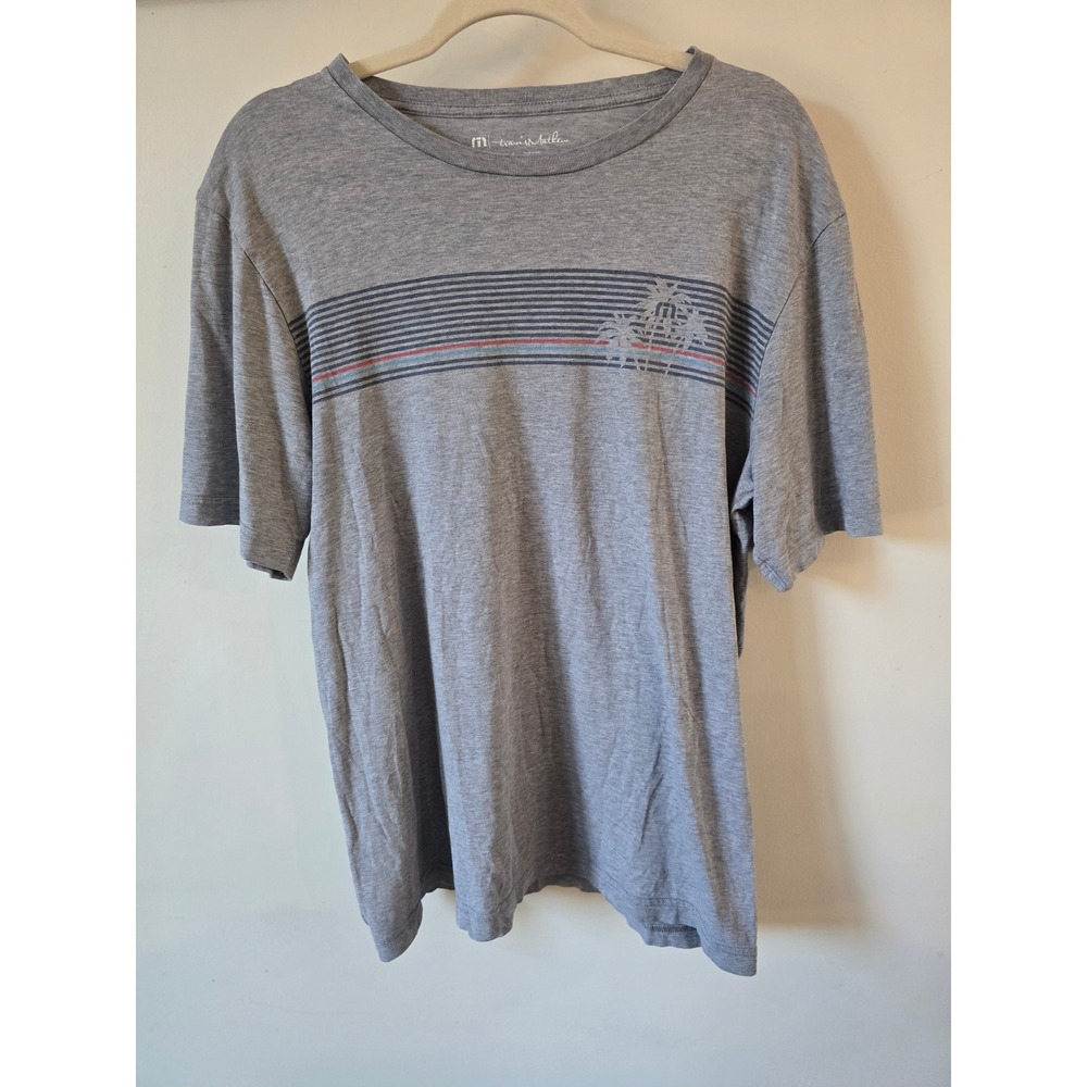 TravisMathew Mens Large Gray Palm Tree Striped Graphic Short Sleeve T-Shirt